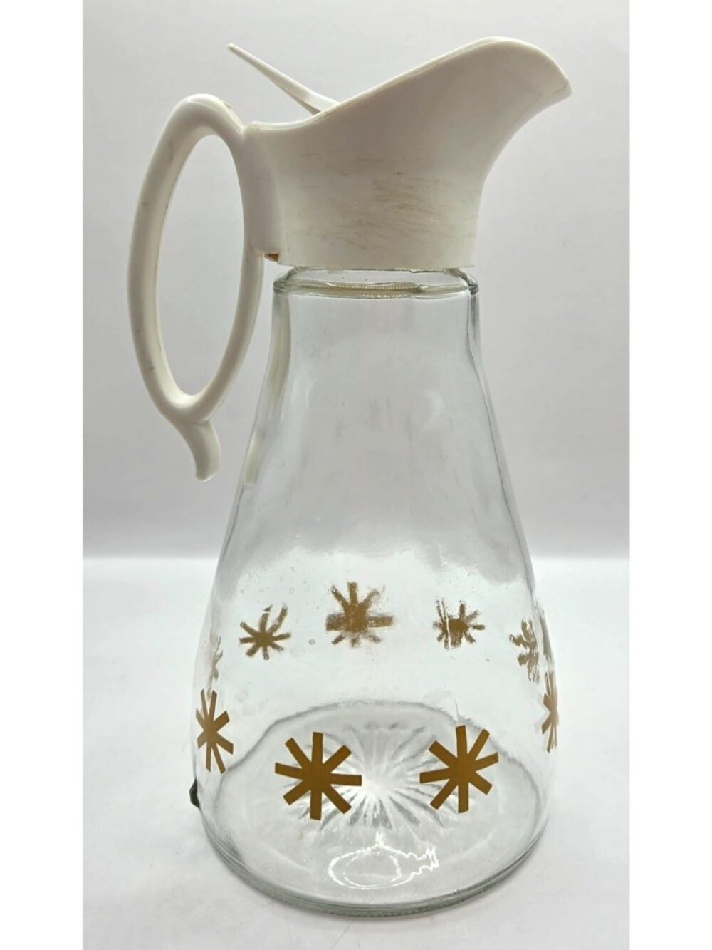 Vintage MCM 50s Atomic Starburst Log Cabin Syrup Dispenser Pitcher Glass